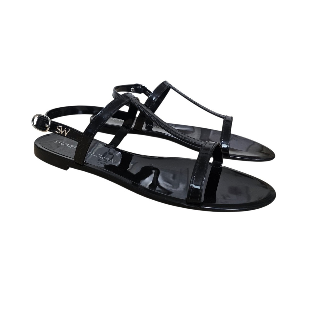 Stuart Weitzman Goldie Jelly Sandals Womens Size 11‎ Black T-Strap Flat